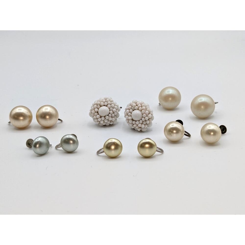 Lot of Six Pair Vintage 'Japan' Screw Back Pearl & Milk Glass Bead Earrings